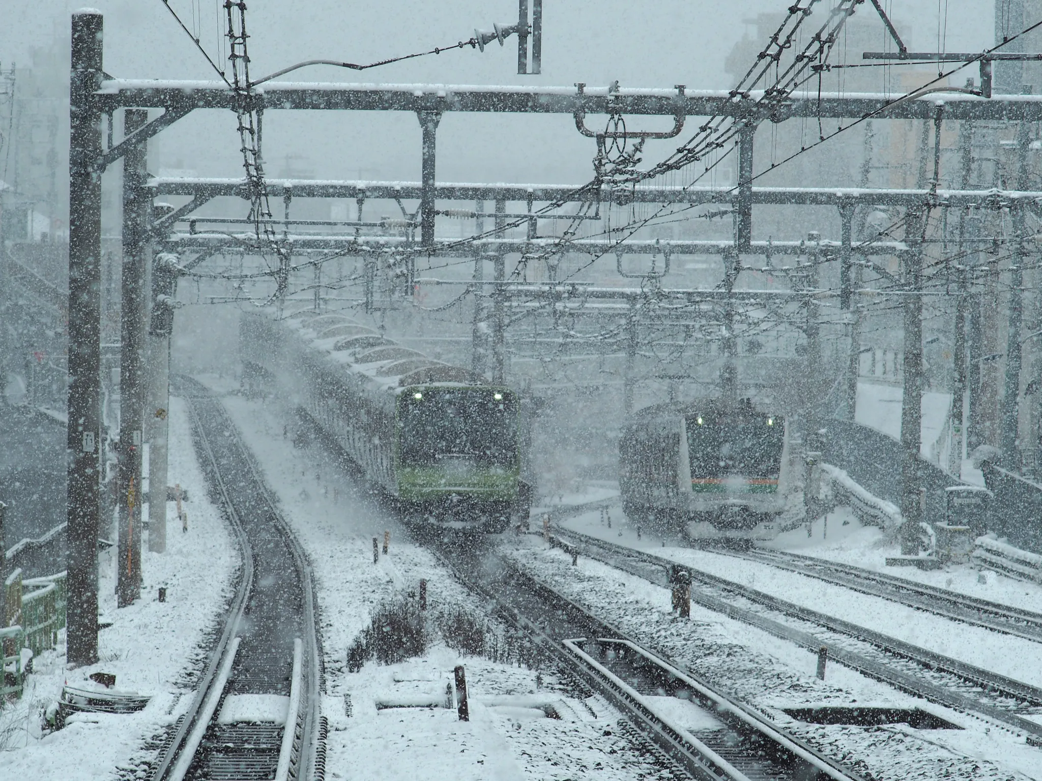 A Yamanote Line E235 series train and Shonan–Shinjuku Line E233-3000 series train near Komagome Station